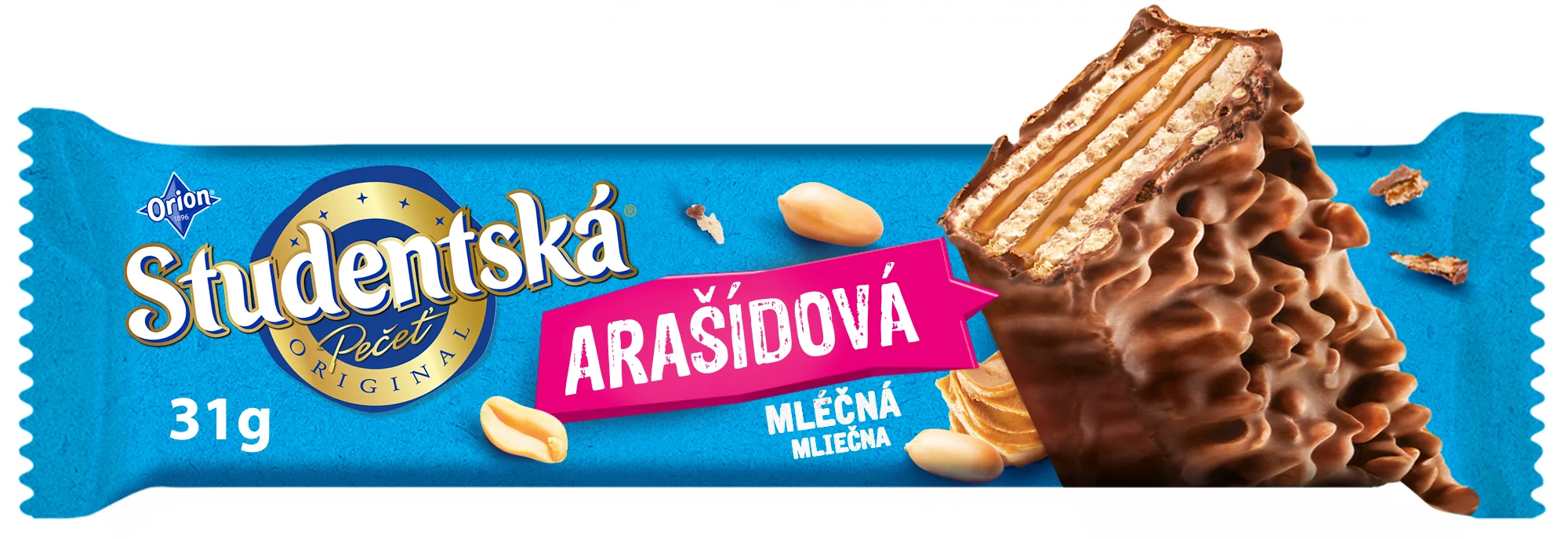 ORION STUDENTSKÁ PEČEŤ Arašídová, oplatka v mléčné čokoládě s arašídovou náplní a kousky arašídů 31g