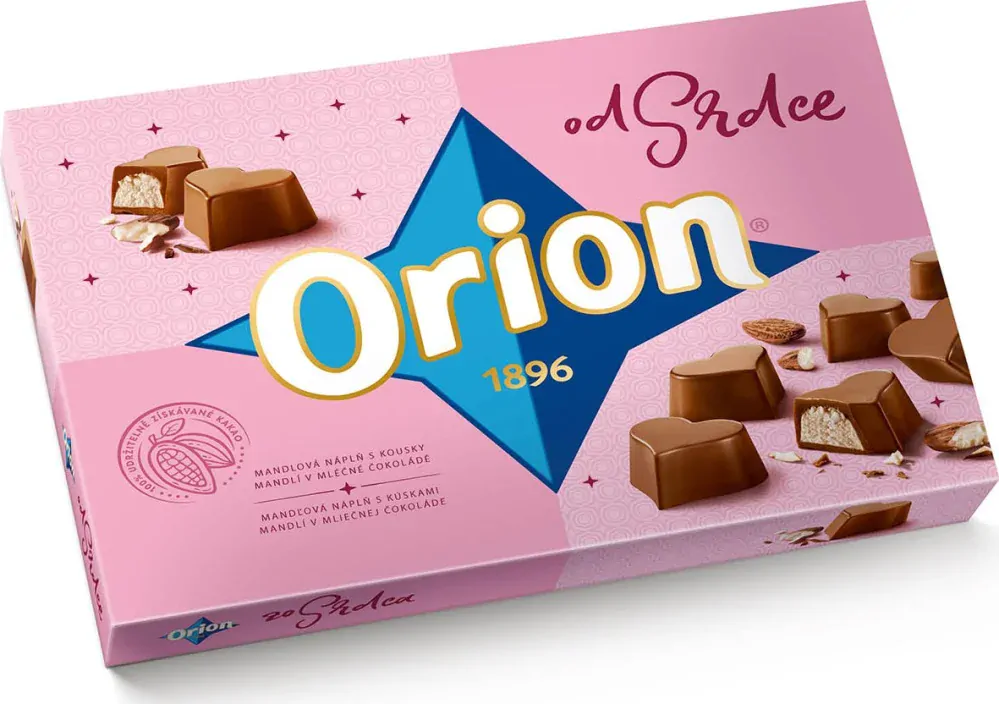 ORION Od Srdce pralinky s mandlovou náplní a kousky mandlí v mléčné čokoládě 142g